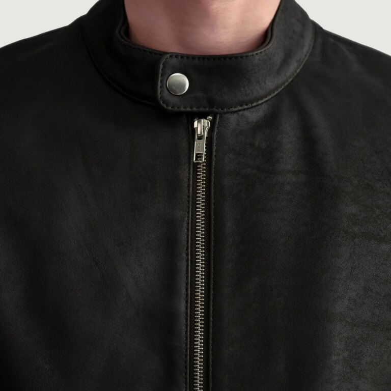 Mens Zen Tumbled Brown Leather Biker Jacket Close-Up-9-1724074984683